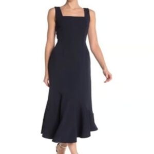Sharagano Square Neck Flounce Deep Navy  Blue Midi Dress NWT Size 4